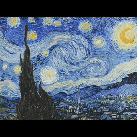 A Painting Of A Starry Night Sky With A Church And Trees In The Foreground GIF