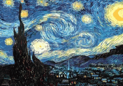 A Painting Of A Starry Night Sky With A Church In The Distance GIF