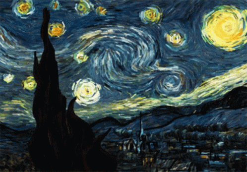 A Painting Of A Starry Night Sky With A Church In The Distance GIF