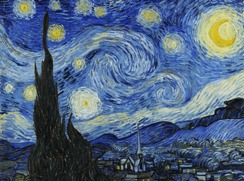 A Painting Of A Starry Night Sky With A Crescent Moon In The Middle GIF