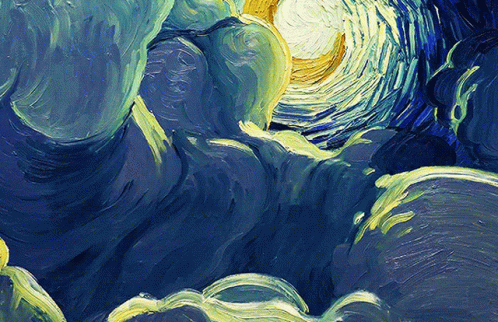 A Painting Of A Starry Night Sky With Clouds And A Full Moon GIF