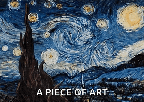 A Painting Of A Starry Night Sky With The Words A Piece Of Art Above It GIF