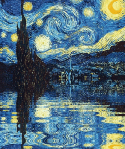 A Painting Of A Starry Night With A Church In The Background GIF