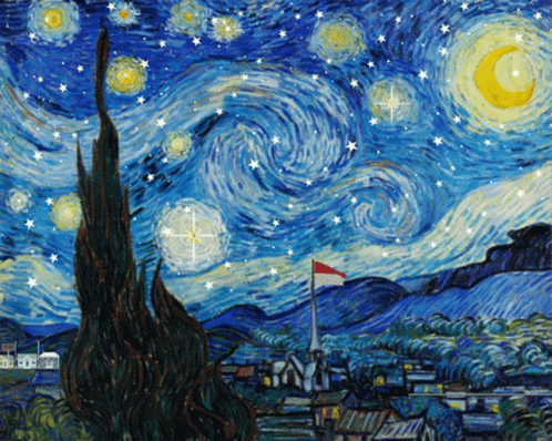 A Painting Of A Starry Night With A Flag On A Pole In The Foreground GIF