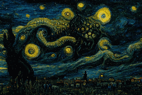 A Painting Of A Starry Night With A Giant Octopus GIF