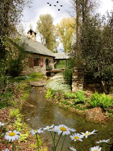 A Painting Of A Stream Running Through A Lush Green Forest GIF