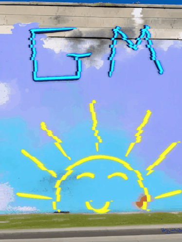 A Painting Of A Sun And The Letter E On A Wall GIF
