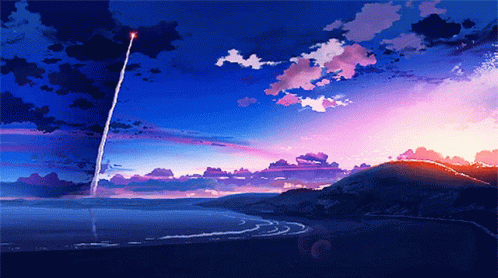 A Painting Of A Sunset Over A Beach With A Rocket In The Sky GIF