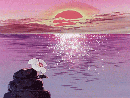 A Painting Of A Sunset Over The Ocean With A Flower On A Rock In The Foreground GIF