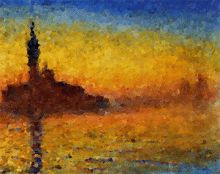 A Painting Of A Sunset With A Tower In The Foreground GIF