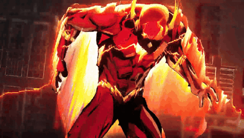 A Painting Of A Superhero In A Red Suit With A Flame Coming Out Of His Chest GIF