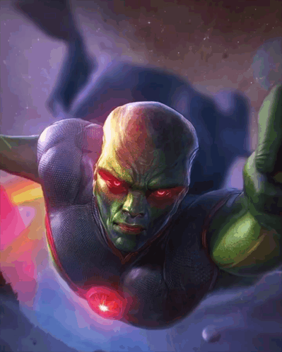 A Painting Of A Superhero With Red Eyes Flying Through Space GIF