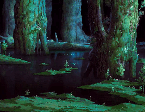 A Painting Of A Swamp With Trees And Plants GIF