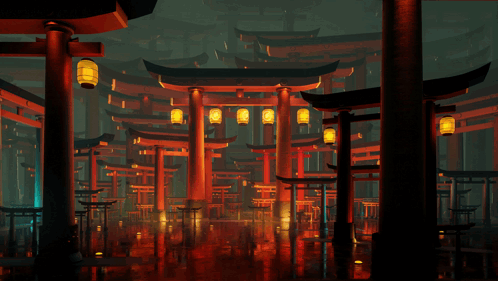 A Painting Of A Temple With The Word Clans In Red Letters GIF