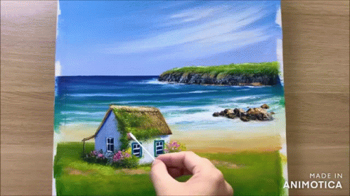 A Painting Of A Thatched House On A Beach Is Made In Animatica GIF