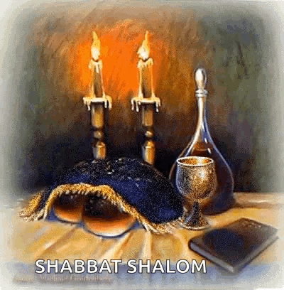 A Painting Of A Torah , Candles , A Chalice , And A Bottle Of Wine On A Table GIF