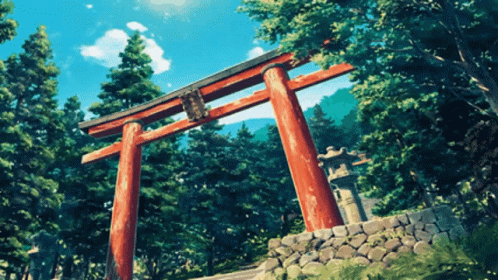 A Painting Of A Torii Gate In A Forest GIF