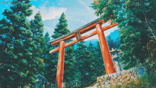 A Painting Of A Torii Gate In The Woods GIF