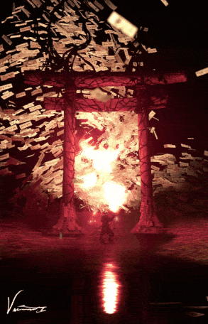 A Painting Of A Torii Gate With The Letters V And T On The Bottom Left GIF