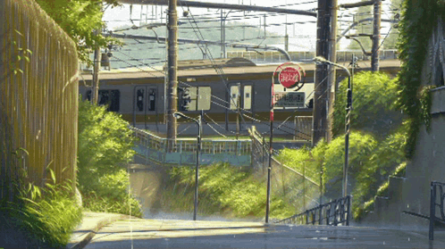 A Painting Of A Train Station With A Sign That Says Do Not Enter On It GIF