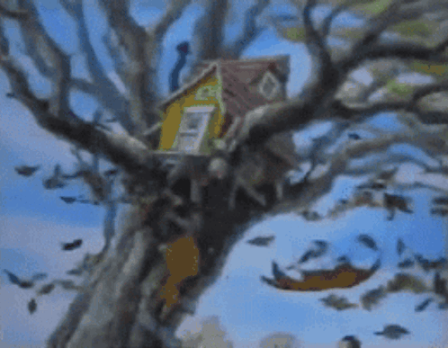 A Painting Of A Tree House On A Tree Branch GIF