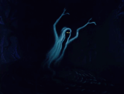 A Painting Of A Tree In A Dark Forest With A Yellow Light In The Background GIF