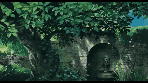 A Painting Of A Tree In A Garden With A Fountain GIF