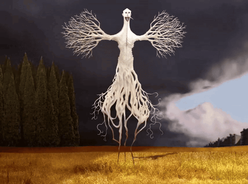 A Painting Of A Tree With A Face And Long Legs GIF
