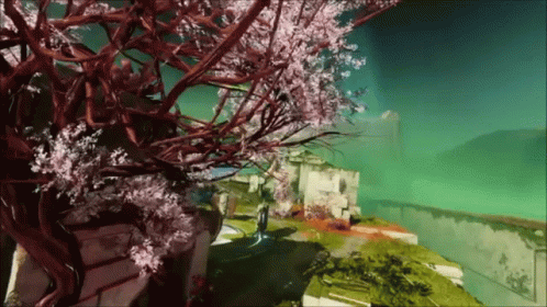 A Painting Of A Tree With Pink Flowers And A Green Background GIF