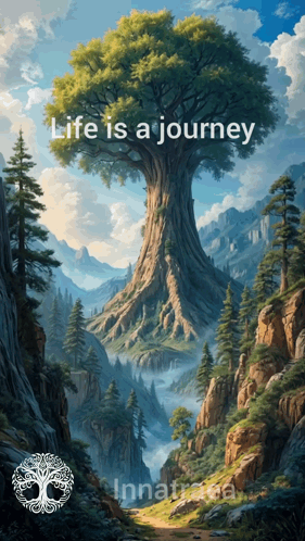 A Painting Of A Tree With The Words " Life Is A Journey " Below It GIF