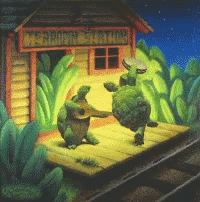 A Painting Of A Turtle Playing A Guitar In Front Of A Building That Says " Merry Go Round " GIF
