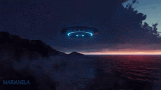 A Painting Of A Ufo Flying Over A Body Of Water With The Name Marianela On The Bottom GIF