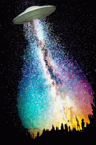 A Painting Of A Ufo Flying Over A Rainbow Colored Galaxy GIF