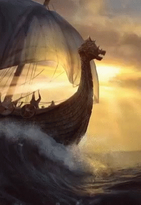 A Painting Of A Viking Ship With A Dragon Head On The Side GIF