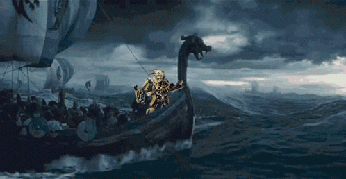 A Painting Of A Viking Ship With A Dragon On The Side GIF