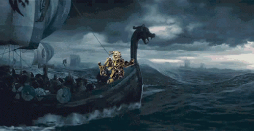 A Painting Of A Viking Ship With A Dragon On The Side GIF