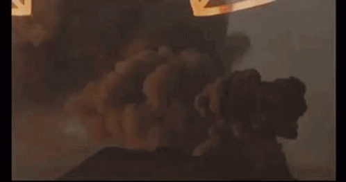 A Painting Of A Volcano Erupting With Smoke Coming Out Of It GIF