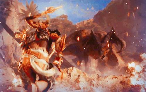 A Painting Of A Warrior Fighting A Monster With Flames Coming Out Of It GIF