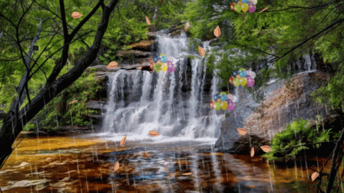 A Painting Of A Waterfall With Balloons And Leaves In The Foreground GIF