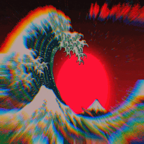 A Painting Of A Wave Crashing Against A Mountain With A Red Sun Behind It GIF
