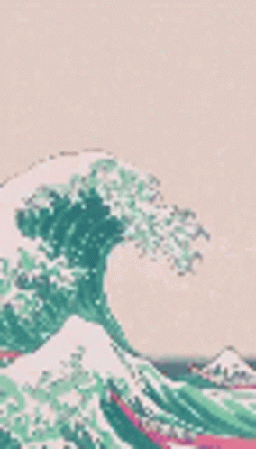 A Painting Of A Wave Crashing On A Beach With Mountains In The Background . GIF