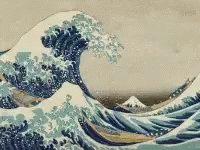 A Painting Of A Wave In The Ocean With A Mountain In The Background GIF