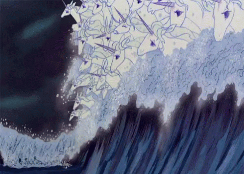 A Painting Of A Wave With Unicorns Coming Out Of It GIF