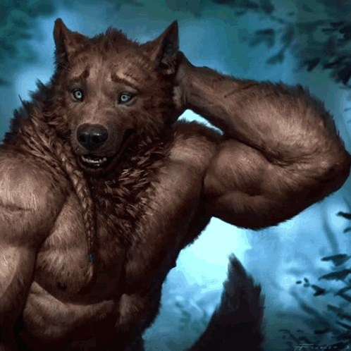 A Painting Of A Werewolf With A Braid On His Neck GIF