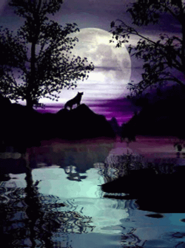 A Painting Of A Wolf Howling At The Full Moon GIF
