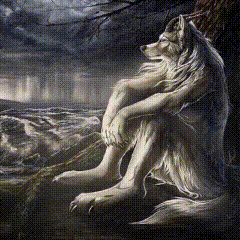A Painting Of A Wolf Sitting On A Rock Looking Out Over A Body Of Water GIF
