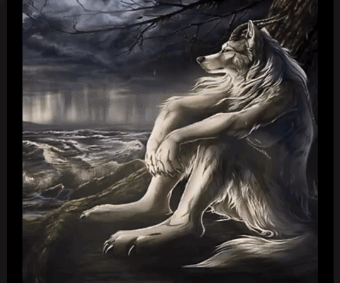 A Painting Of A Wolf Sitting On A Rock Looking Out Over The Ocean GIF