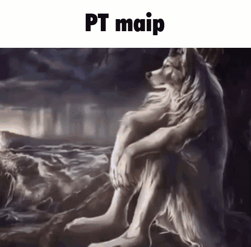 A Painting Of A Wolf Sitting On A Rock With The Words " Pt Maip " Below It GIF