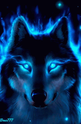 A Painting Of A Wolf With Blue Flames Around Its Eyes GIF
