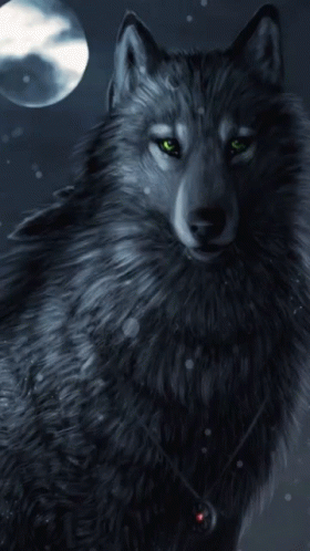 A Painting Of A Wolf With Green Eyes And A Full Moon Behind It GIF